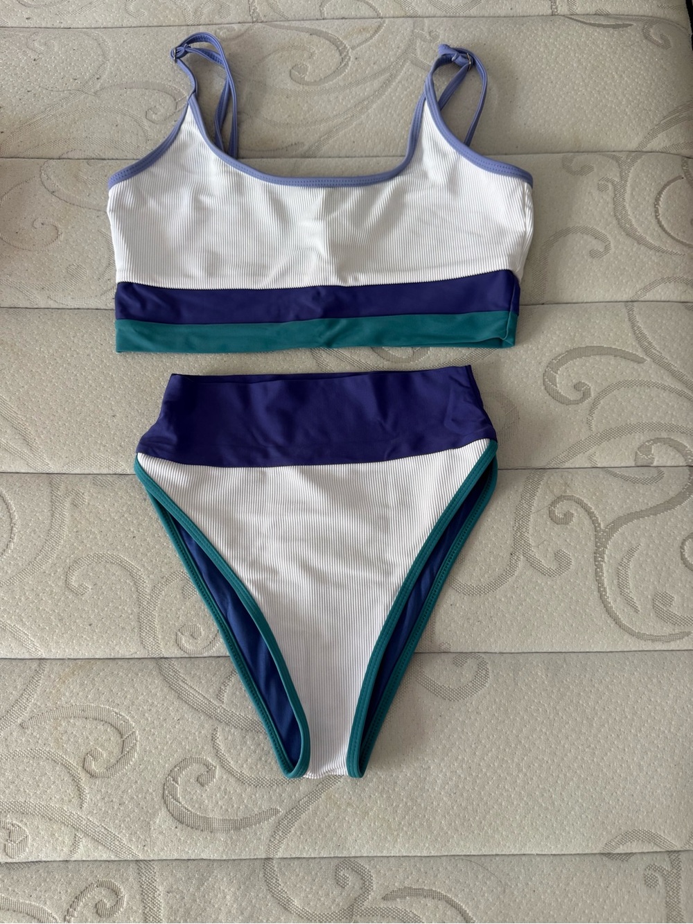 Beach Riot White Ribbed Bikini with Blue & Teal Trim S and XL